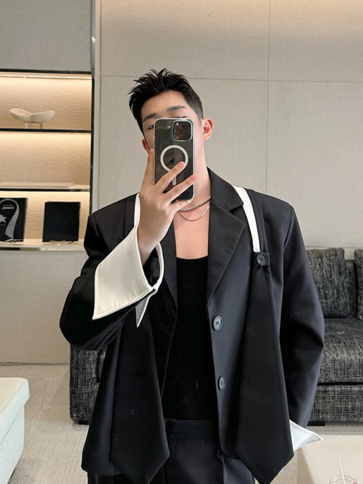 

Spring 2025 Men's ort Suit Jaet Bla White Color Blo Tie Design Casual High-End Feeling Youthful Energy Straight Cut