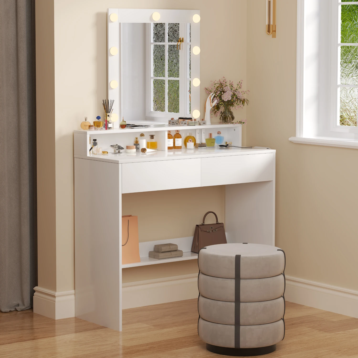 Table de maquillage Homall avec miroir éclairé, 3 couleurs, luminosité réglable, 2 tiroirs, 3 portes ouvertes