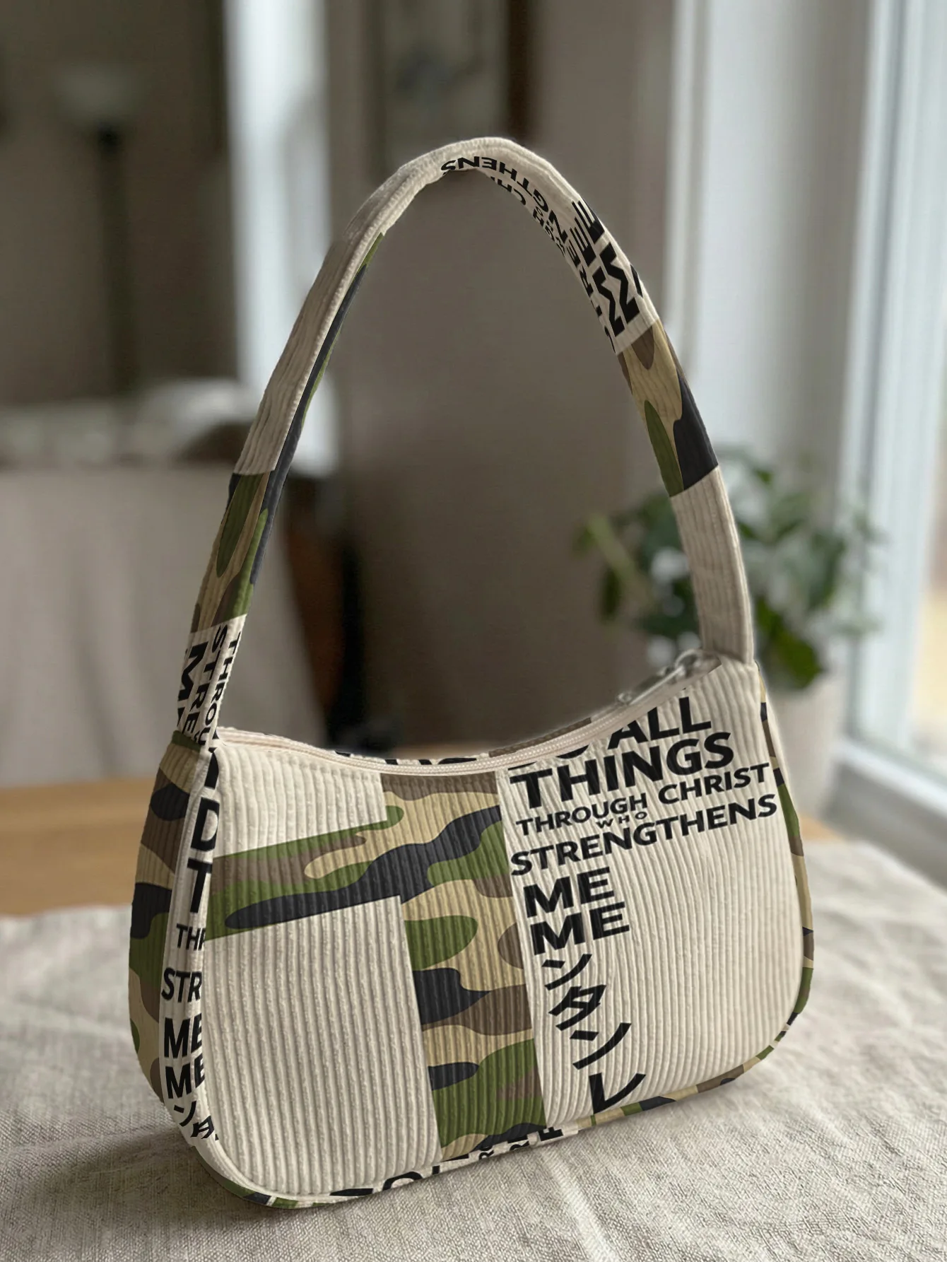 Trendy Camo Print Shoulder Bag, Corduroy Underarm Bag for Daily Casual Use