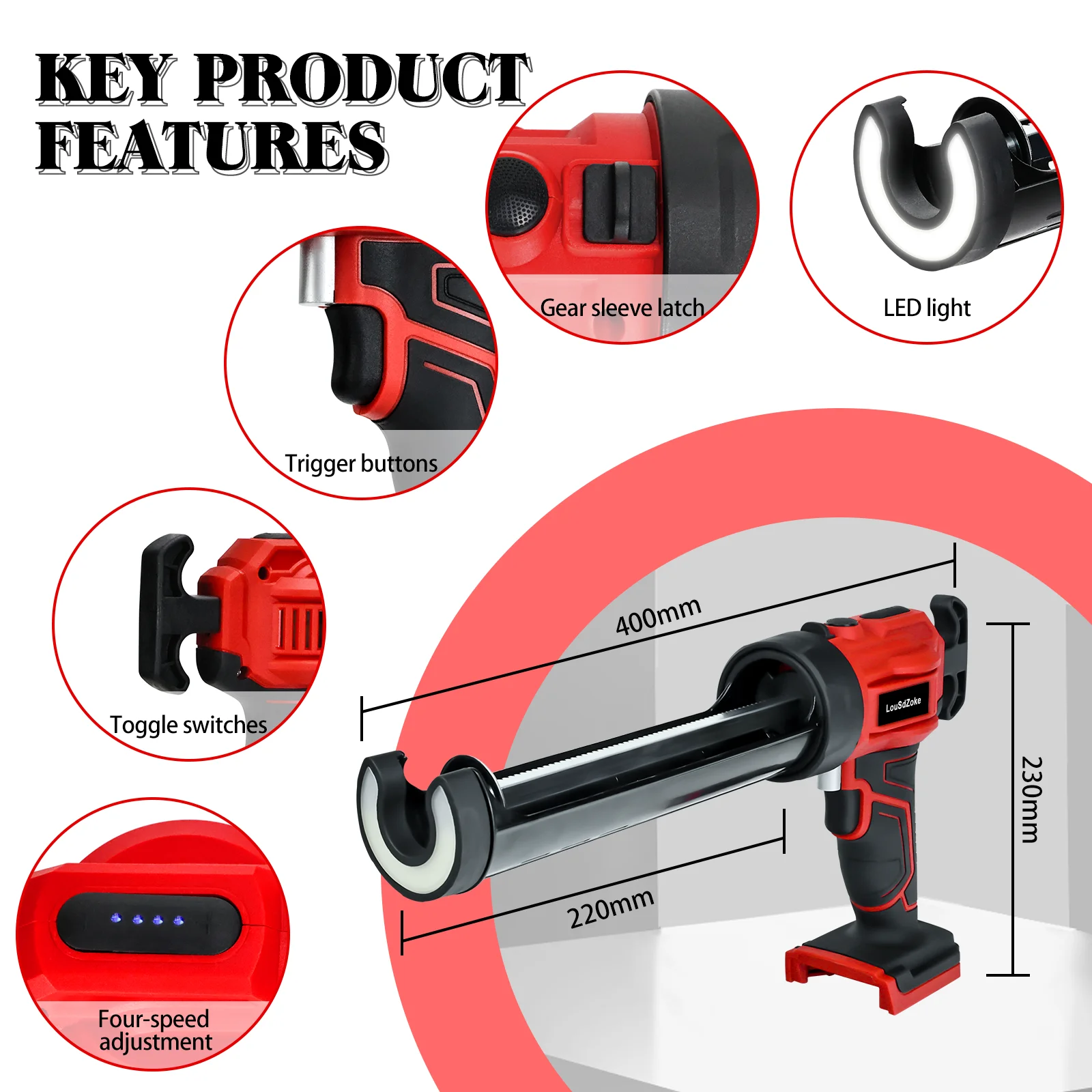 Electric Caulking Gun 10oz/300ml Cordless Caulk Gun 4 Adjustable Speeds with LED Light for Milwaukee 18V Battery (No Battery) image 3