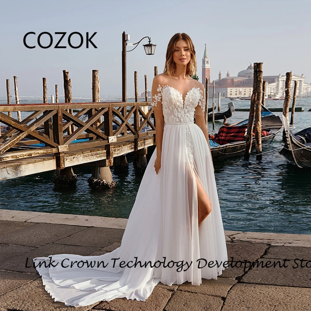 

COZOK Strapless Wedding Dresses with Lace Short Sleeve Bridal Gowns 2024 Summer Sweep Train Chiffon Vestidos De Novia New 2025