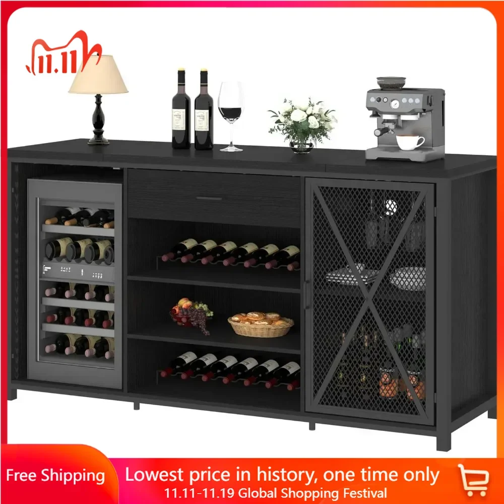 Bar Cabinet with Fridge Space, Modern Wood Metal Large Wine Liquor Cabinets with Rack, Big Wide Sideboard Buffet Cabinet