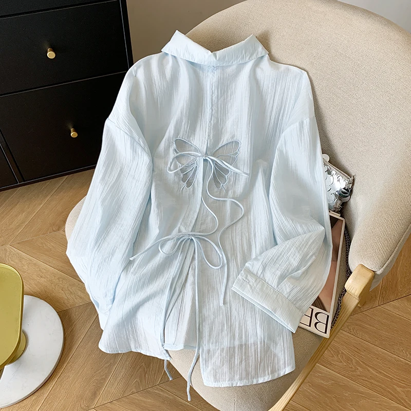

Blue Long Sleeve Shirt Jacket for Women Summer New Butterfly Hollow Out Turn-down Collar Blouse Top