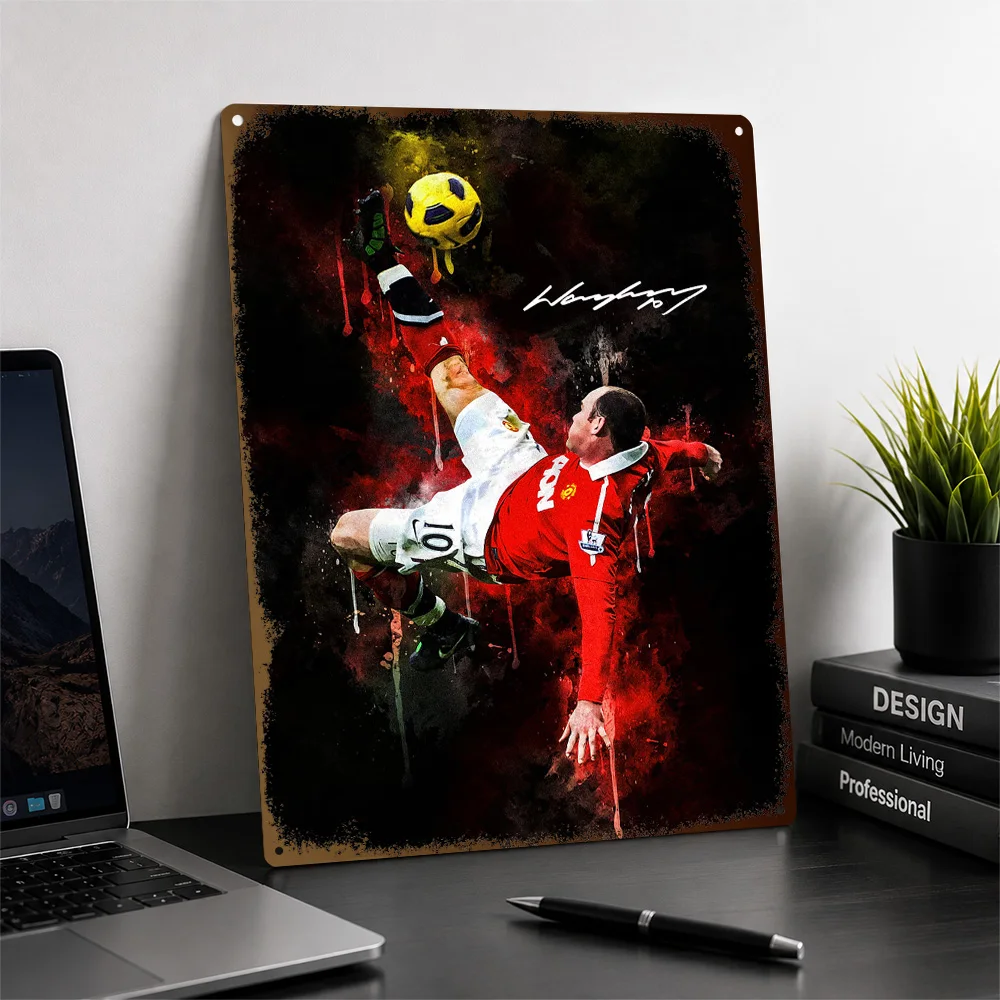 Wayne Rooney Bicycle Kick Illustration Textured Poster Customized Metal Tin Sign Striking Stadium Moment Wall Art For Bedrooms