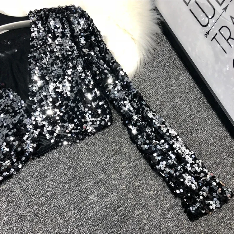 Sequins Patch Jacket Women Spring Long Sleeve Gold Silver Shiny Crop Top Dance Party Korean Slim Open Stitch Female