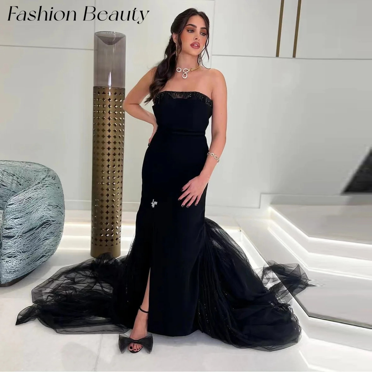 

Fashion Beauty Black Strapless Evening Dresses Slit Beading Floor-Length Formal Party Dress For Women 2024 فساتين السهرة