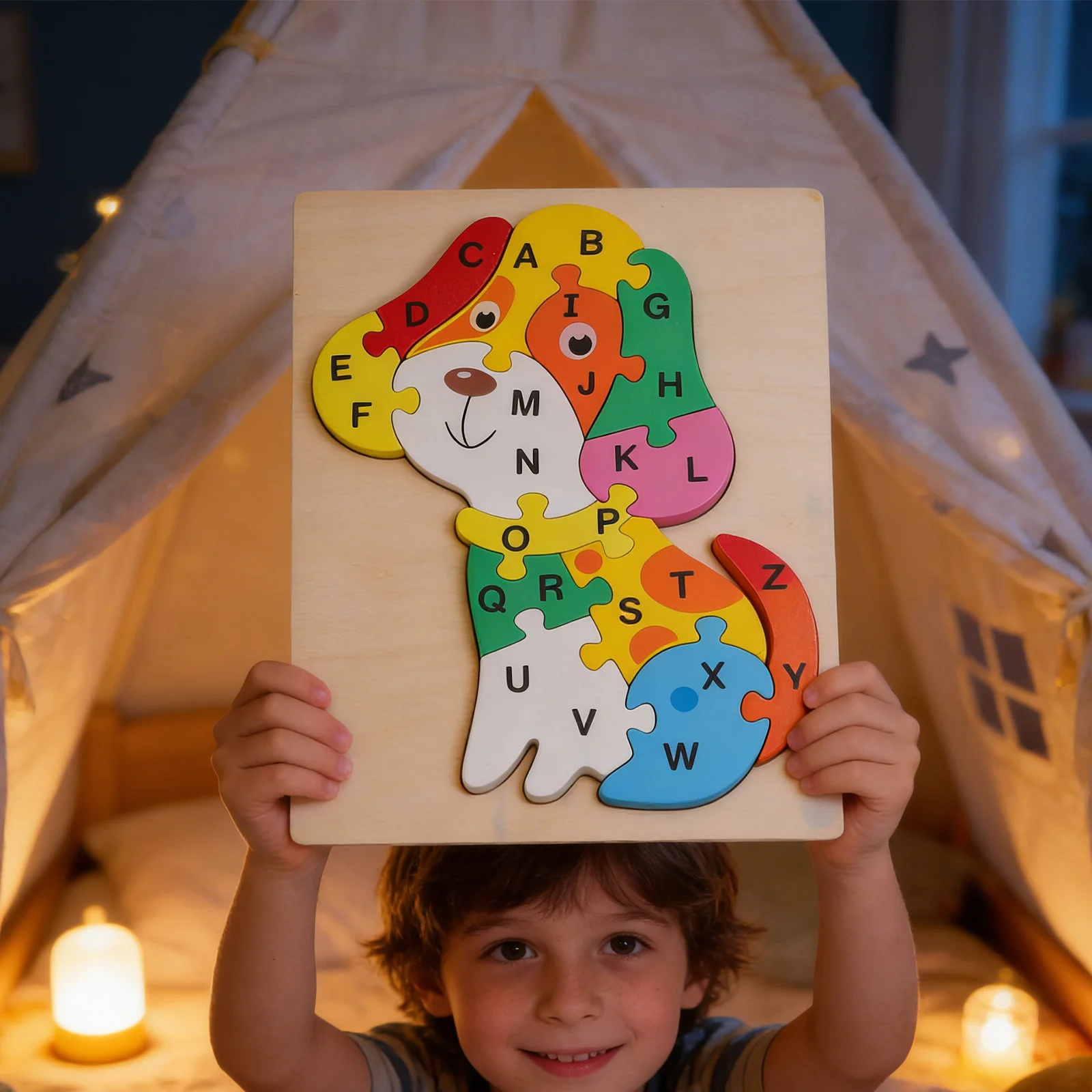 1 セット木製アルファベット犬パズルカラフルな Abc 学習幼児向け就学前早期教育モンテッソーリ文字ジグソーパズルポータブル