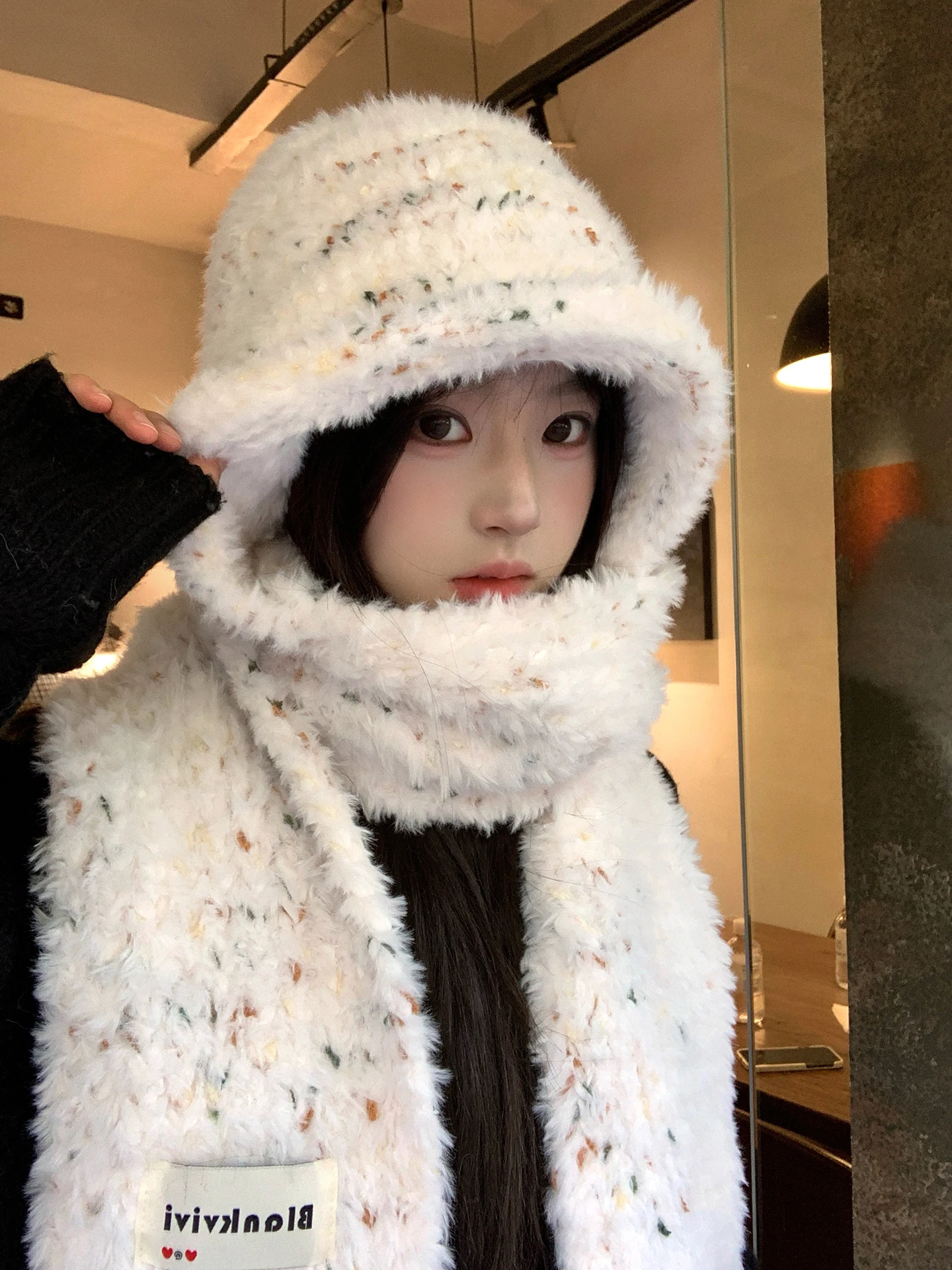 Thickened Plush Winter Hat for Women Warm Cozy Hooded Scarf Integrated Neck Protection Ear Muff Hat Casual Style Non-Adjustable
