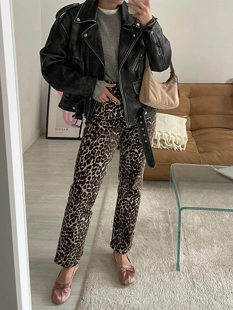 

HOUZHOU Leopard Print Jeans Trousers Women Elegant Slim Button Zipper Pencil Pants 2024 Spring New Lady Commuter Clothes Outwear