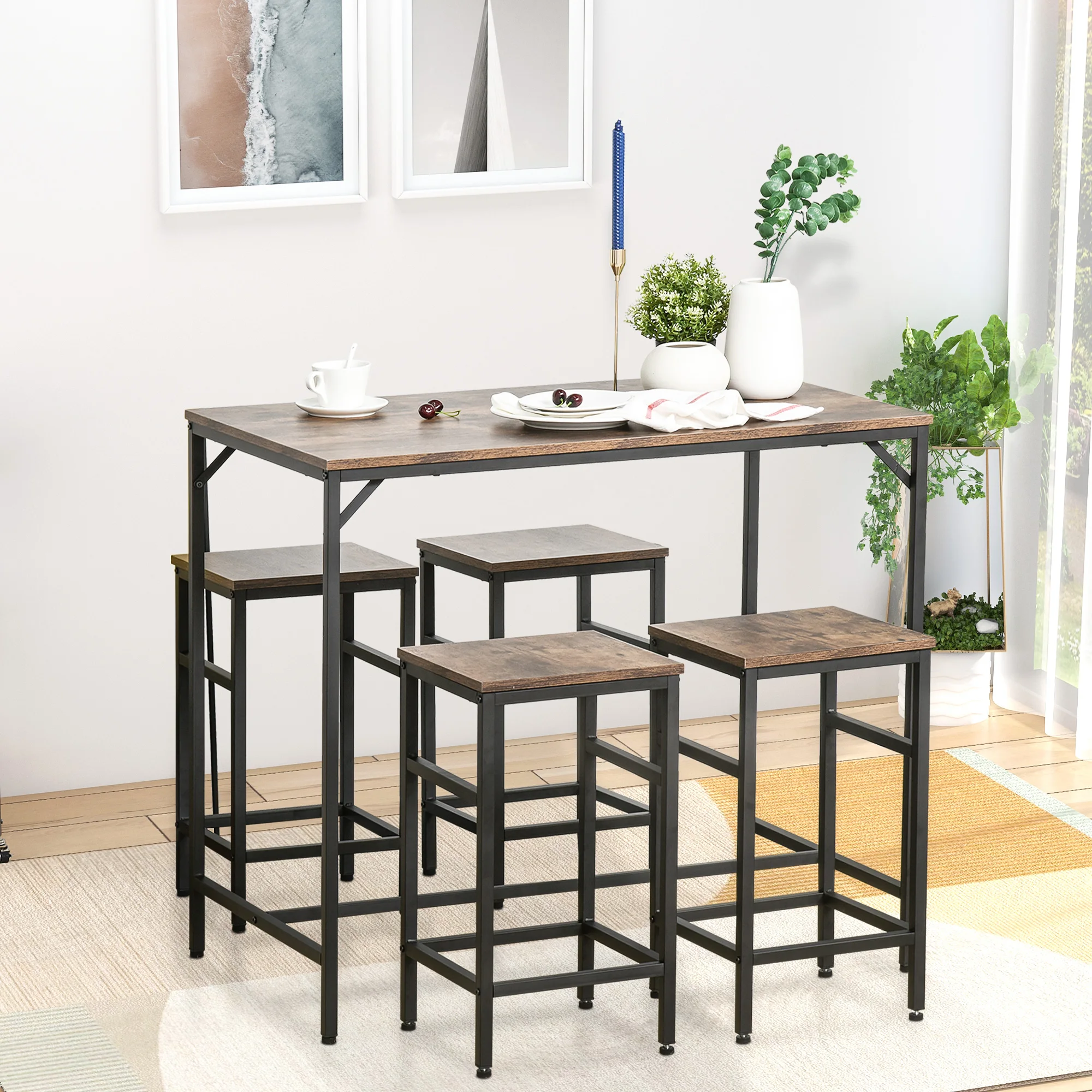 

Wooden 4 Seater Dinner Tabletop Furniture Set with 4 Chairs & Steel Legs, Black