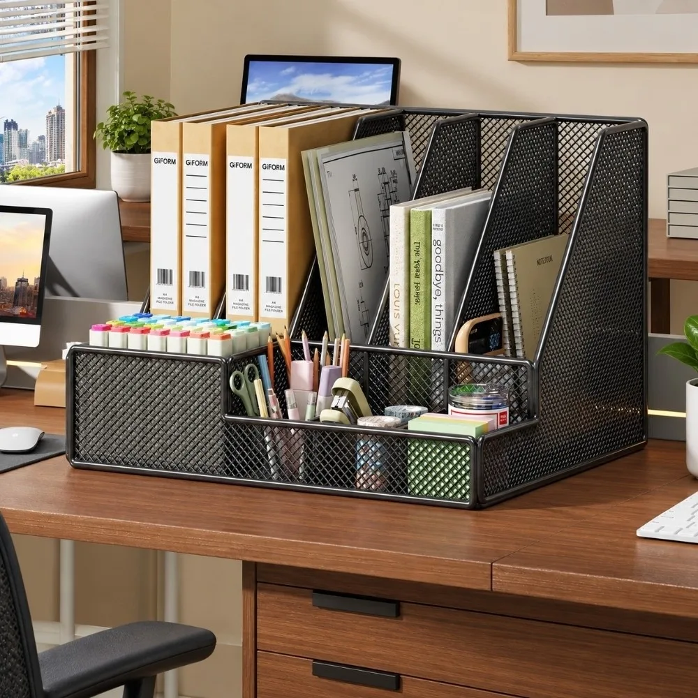 with Pen Holder Metal Desktop File Folder Multi-Compartment Organizer 3 Or 4 Slot Standing File Folder Space-Saving