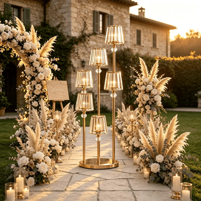6 Heads Acrylic Pendant Candelabra Metal Candle Holder for Wedding Stage Hall Walkway Table Decorations Multi-Head Candle Stand