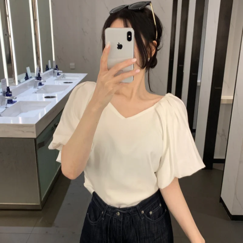 

Summer 2026 New Design Short Sleeve Backless Lantern Sleeve V-Neck Big Bow Pure Desire Waist-Cinching Top Women's Fashion