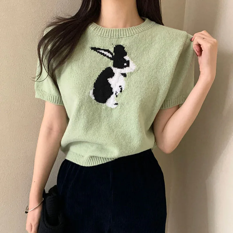 Шикарный ранний весенний нежный возрастной круглый Ne White-Elevating Elevation с вышивкой кролика Накладный вязаный свитер ort Sve...