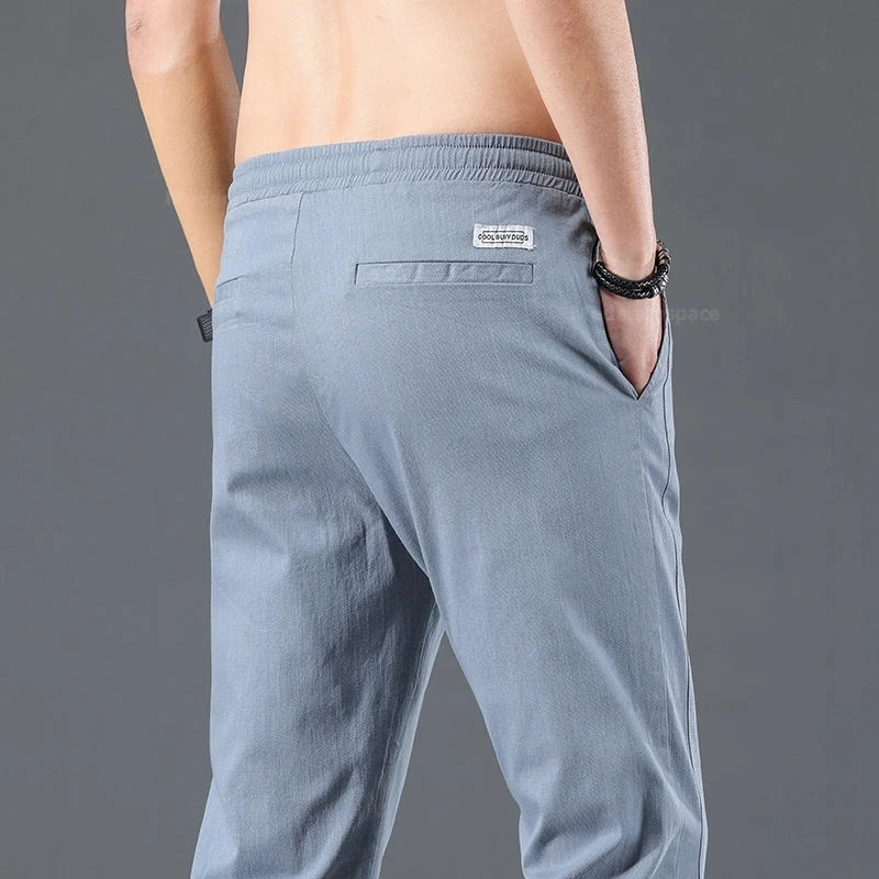 2024 Summer Thin Cotton Men\'s Casual Slim Pants Soft Comfortable Elastic Wrinkle Resistant Drawstring Classic Casual Pants Male