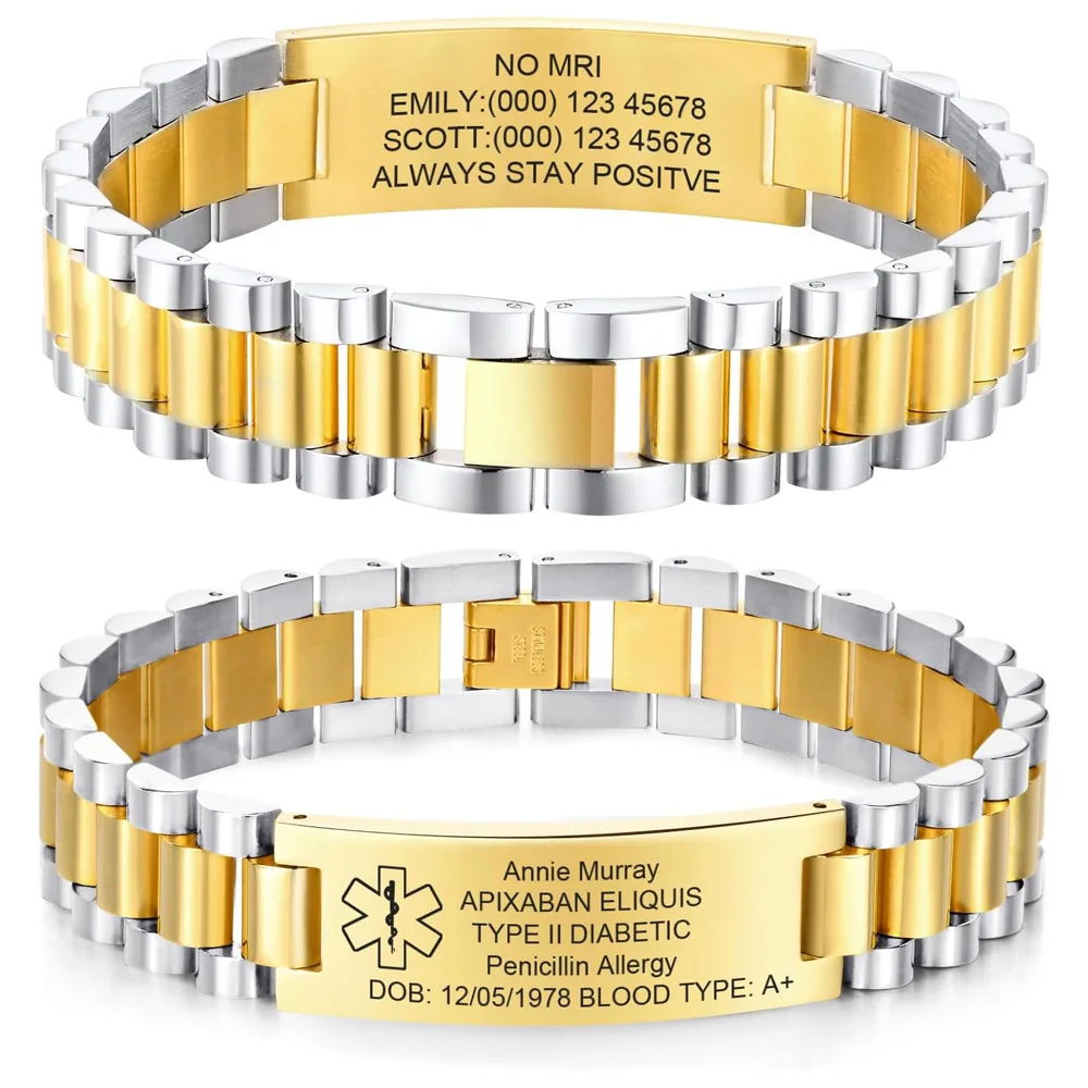 

Men's Medical ID Bracelets Free Carving Stainless Steel Strap Style Medic Alert Wristband Personalization Allergy Bracelet