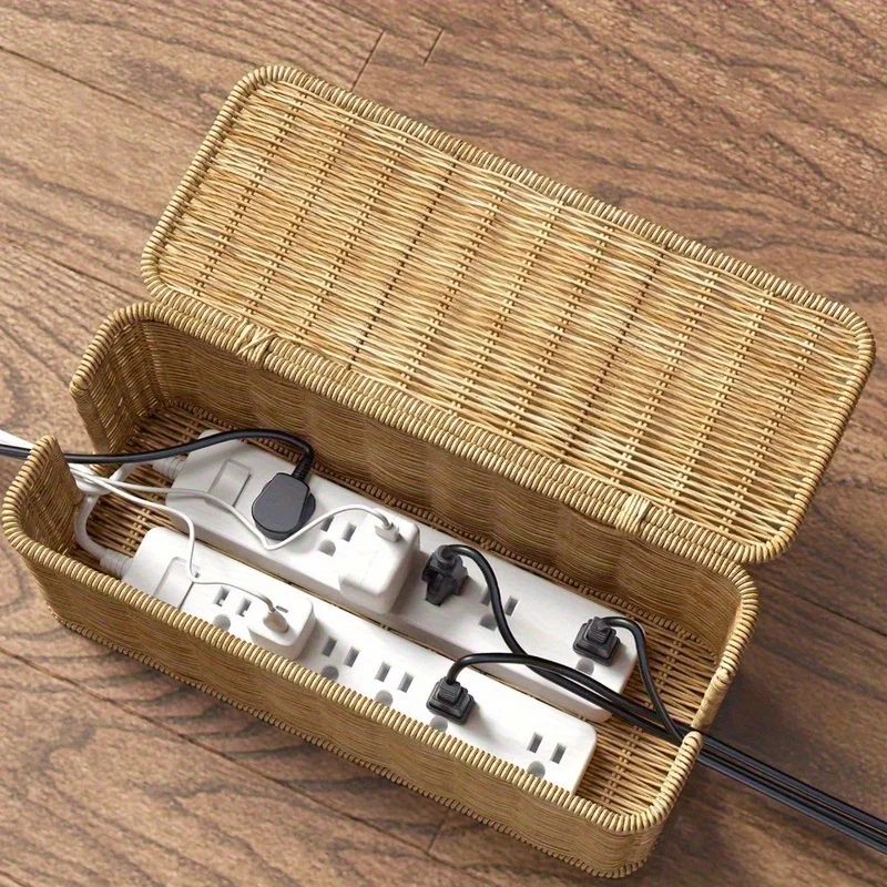Hand-Woven Rattan Cable Organizer Box - Durable Imitation Vine Material, Multi-Compartment Storage for Power Cords, Data Cables view 3