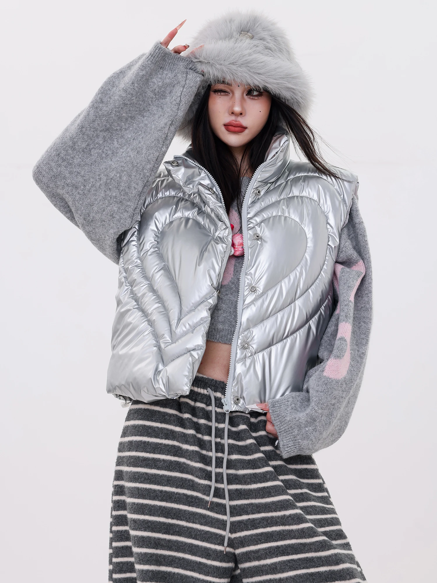

ABWLR Original Future Tech Silver Vest ort Sve Women's Jaet Street Sle Loose Fit Zipper Closure Thiened Cotton Coat
