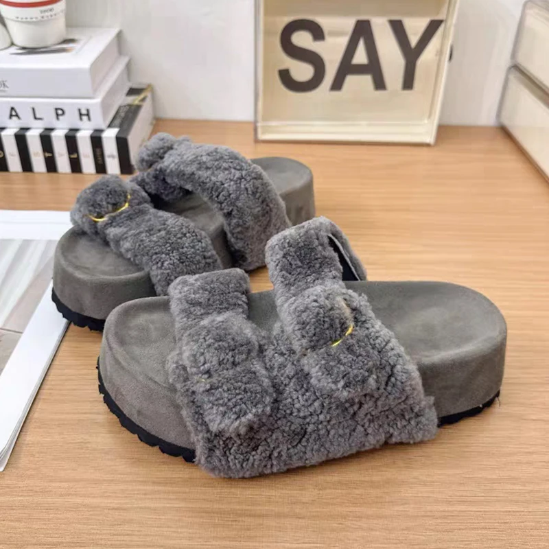 

Fluffy Slippers Women Flats Platform Shoes Casual Home Sandals 2025 Winter Trend New Short Plush Shoes Slingback Flip Flops Lady