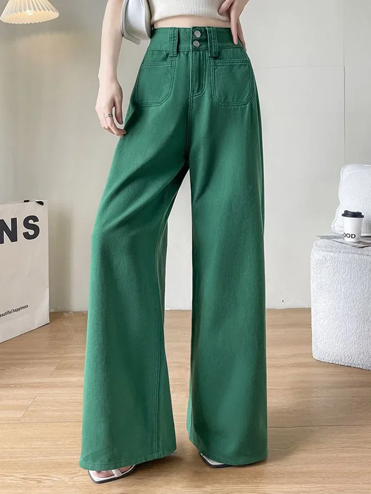 2025 New Green Baggy Wide Leg Jeans Women Vintage High Waist Straight Denim Pants Korean Casual Streetwear Thin Loose