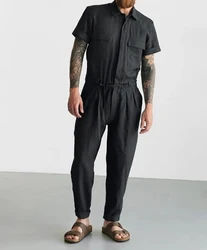 Homemade black men's pure cotton jumpsuit