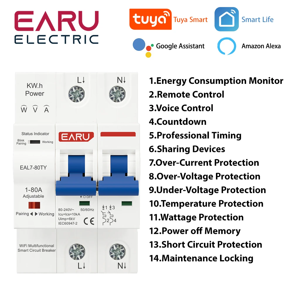 2P 1-80A 230V TUYA WIFI MCB Smart Circuit Breaker Over Current Under Voltage Protection Power Metering Short Circuit Protection