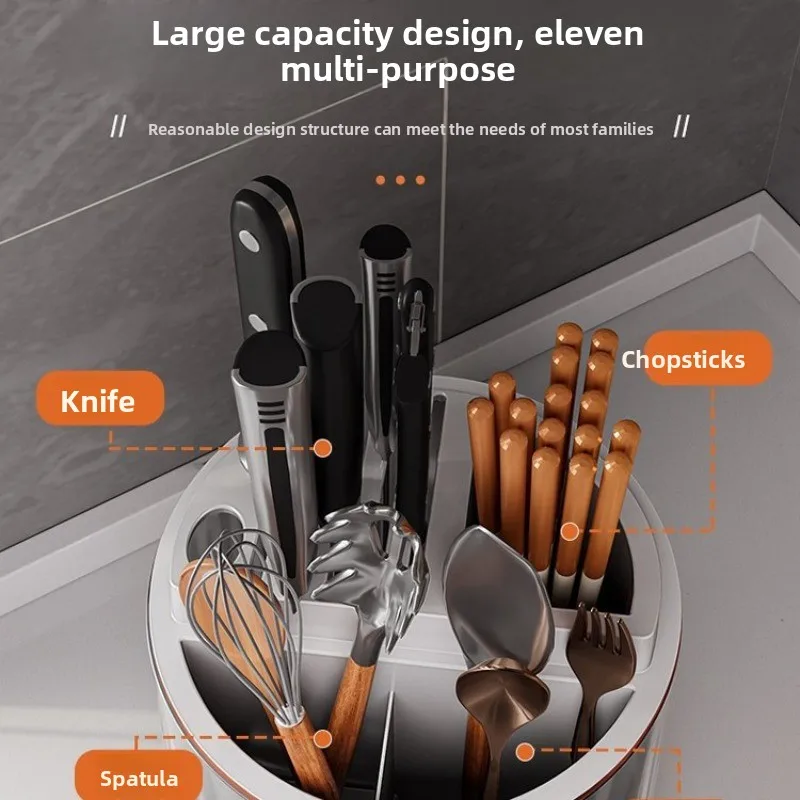 2026 New Rotating Knife Holder, Multifunctional Kitchen Storage Box with Chopstick Cage, All-in-One Knife & Utensil Organizer