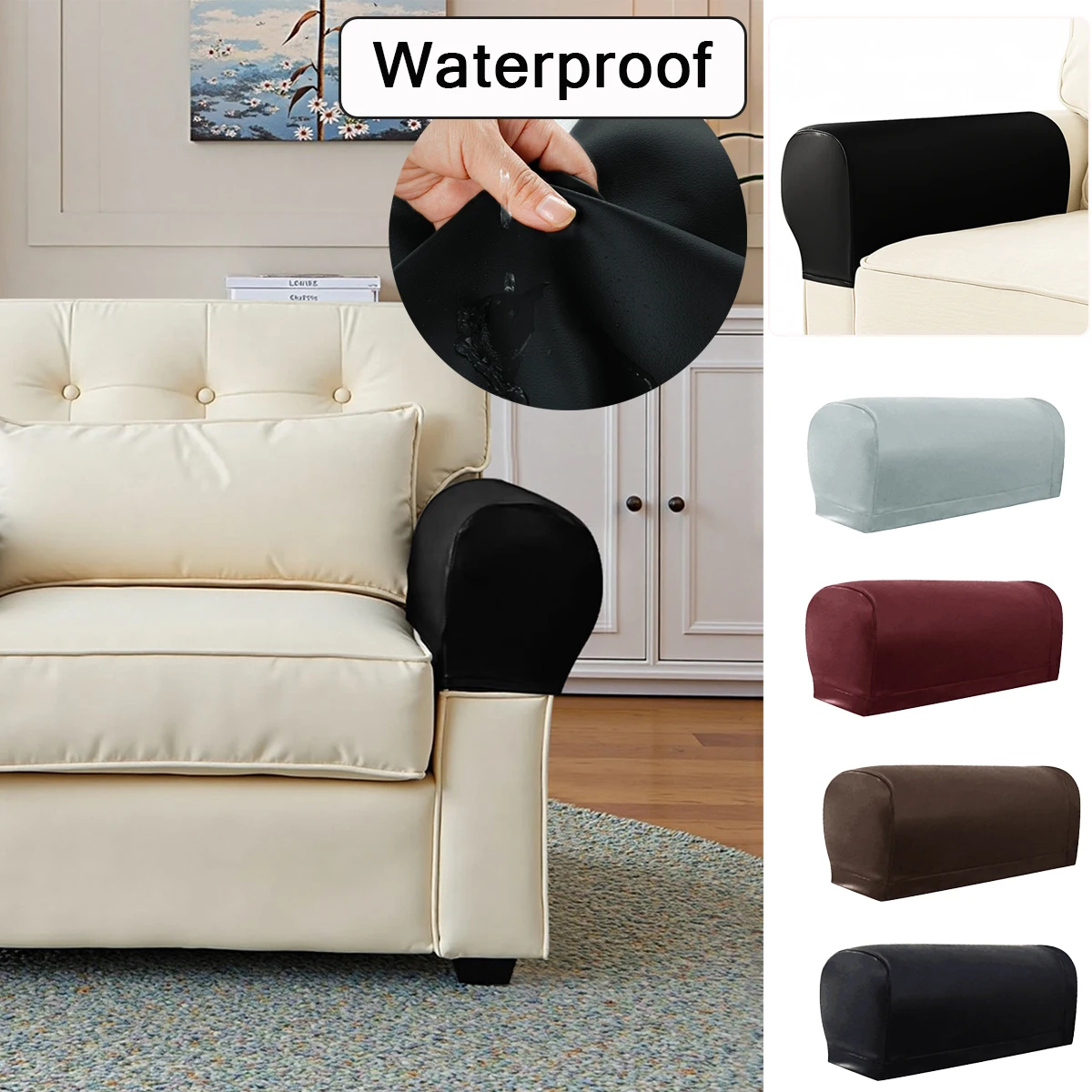 

2pcs PU Leather Waterproof Stretch Armrest Covers for Chairs Couch Sofa Armrest Covers Sofa Cover Non-Slip Furniture Protector