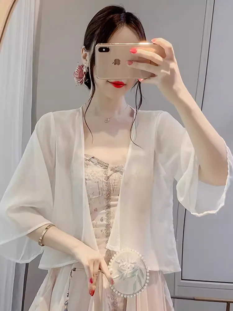 

Lightweight Ice Silk Snowflake Sun Protection Cardigan Women's Shawl Outerwear Summer Matching Halter Dress Veil Coat Air Con...