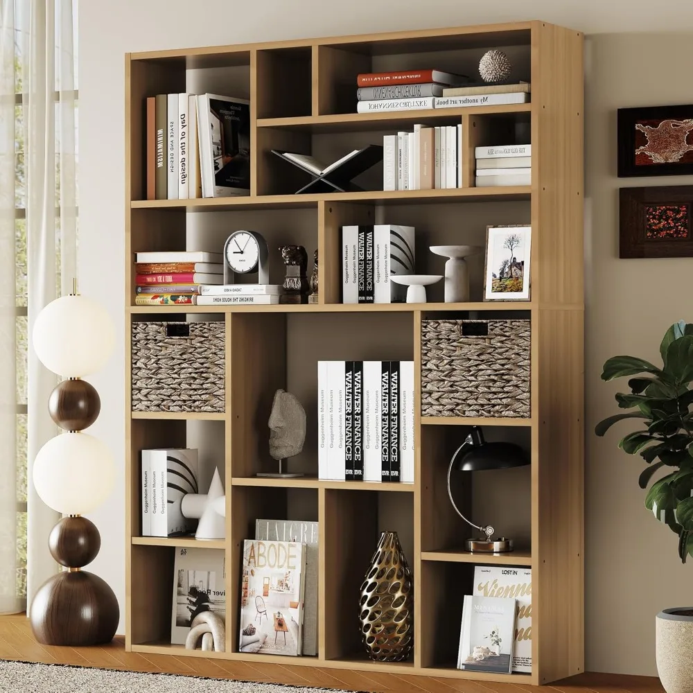71 Inch Tall 6-Tier Wooden Bookcase with Foldable Baskets for Home Storage