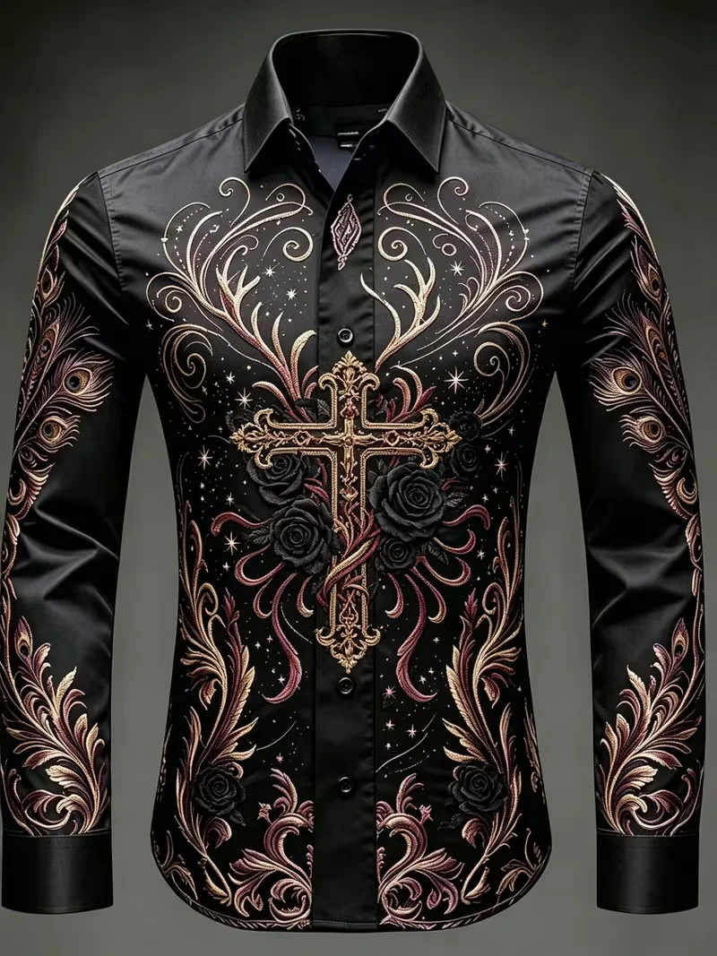 New men's gilded cross, black rose, peacock feather, rolled grass 3D printed long sleeved shirt, lapel top