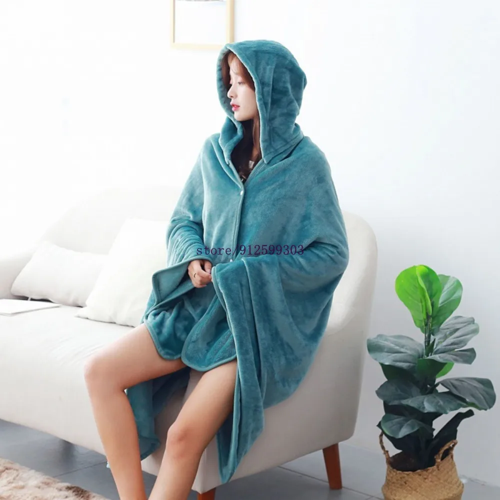 Gift for Friend Solid Color Fleece Hooded Blanket Plush All Seasons Hoodie Robe Soft Warm Wearable TV Blanket for Adults Teens