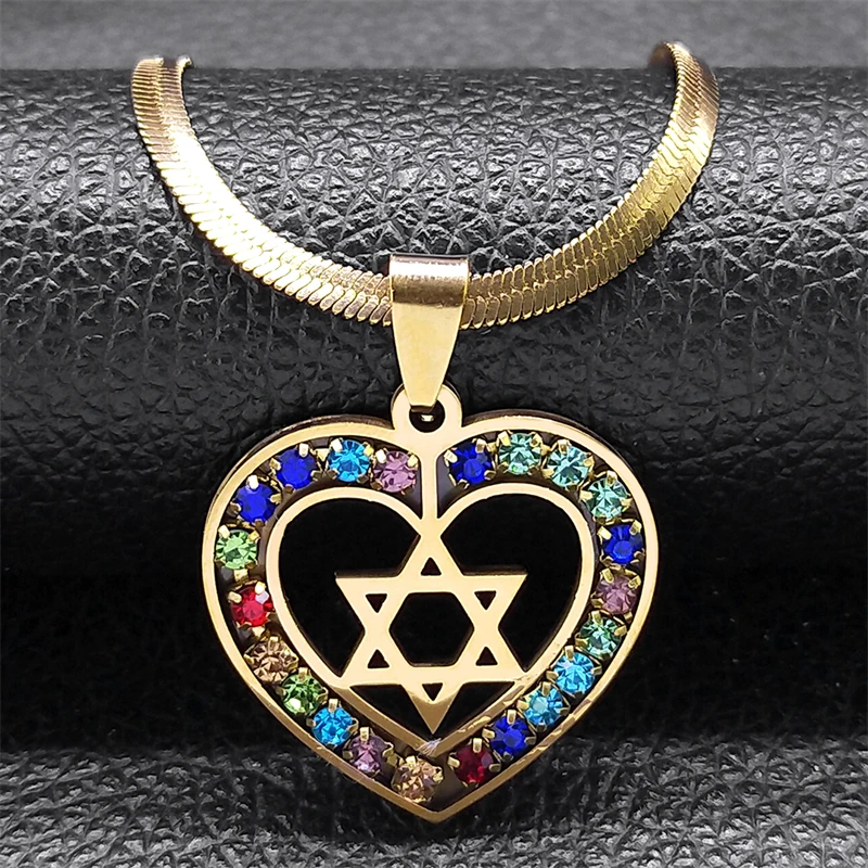 Heart Hexagram Jewish Necklace for Women Men Stainless Steel Gold Color Star of David Amulet Chain Gift Jewelry colar N6474-1S01