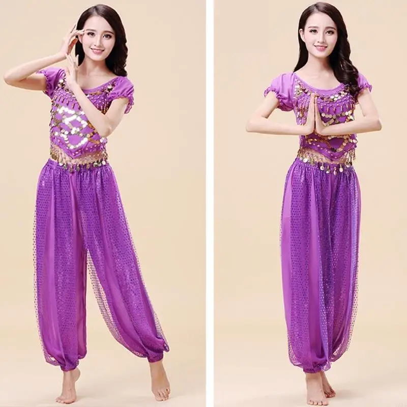 y3ne 2pcs 배꼽 댄스 의상 세트 여성 배꼽 댄스 복장 동전 상단 바지 세트