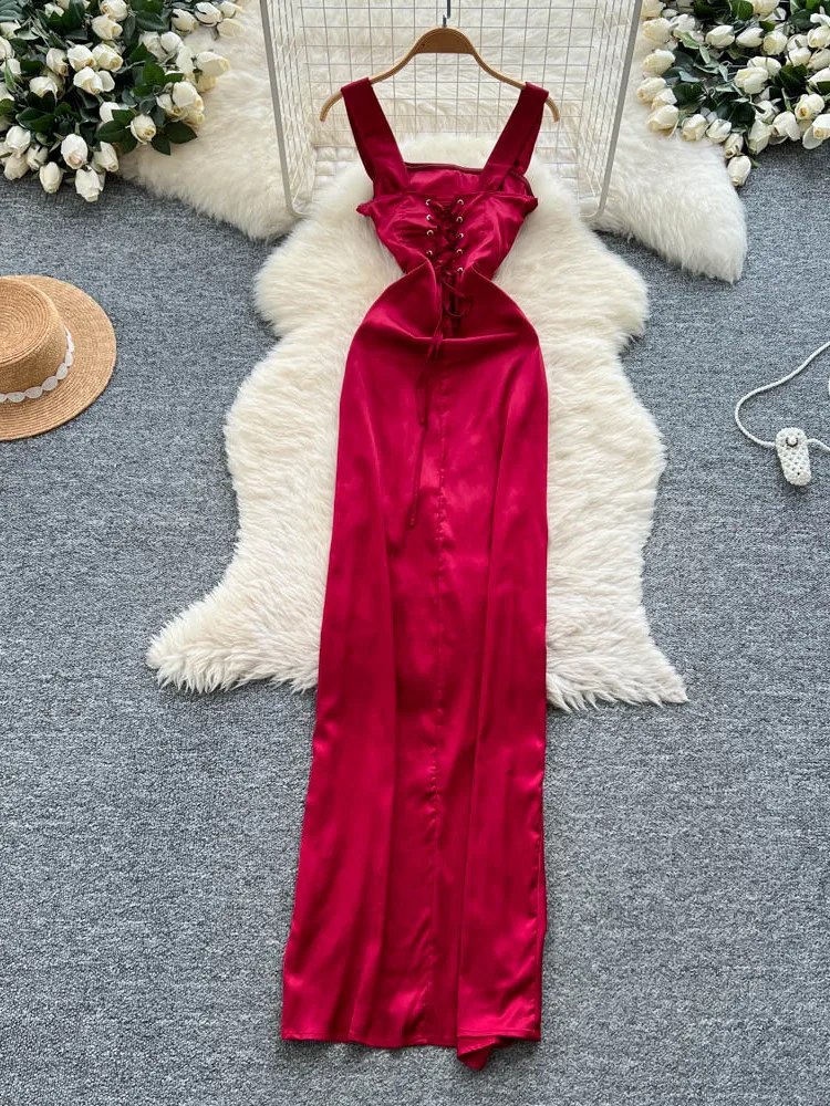 فستان نسائي طويل عصري من الساتان بدون حمالات وخصر مشدود وتنورة مقسمة متوسطة الطول صيفية على الطراز الكوري فستان على شكل حرف a #5