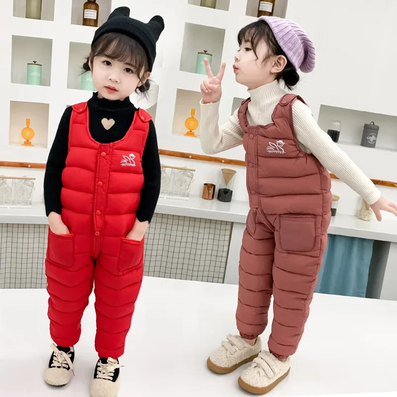Winter Down Cotton Pant Solid Color Children Clothing for Girls Warm children outdoor clothes Jumpsuit Thickened Bib Kid Clothes
