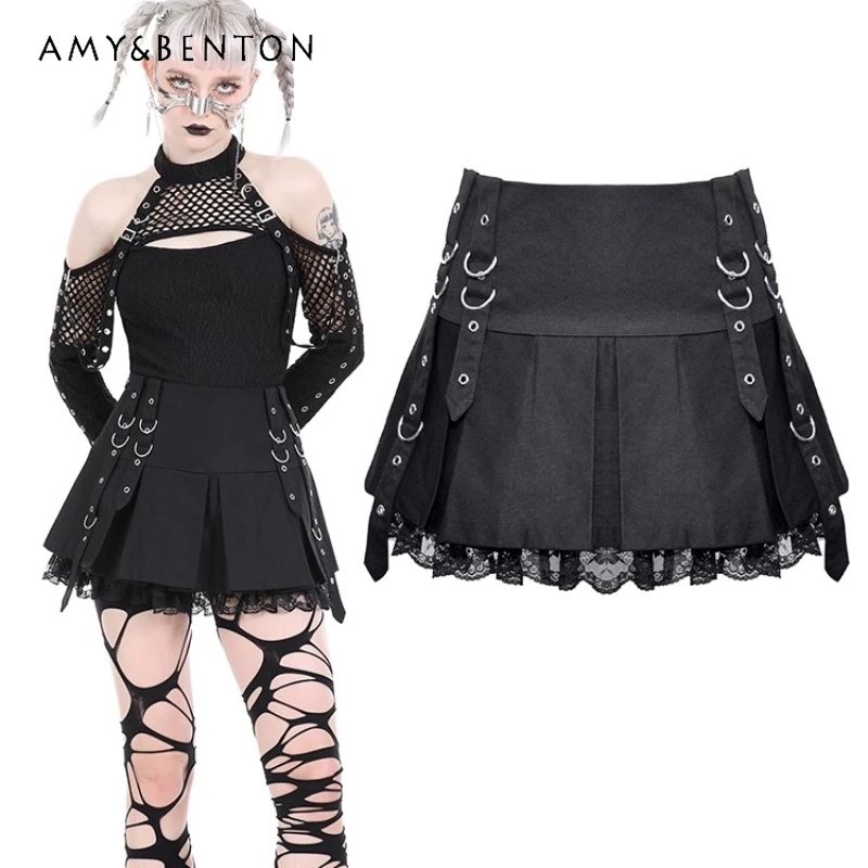 

Dark Punk Rivet Lace Hollw Out Splicing Women's Half Skirt Original Design Black Sweet Cool Sexy Versatile Mini Skirts Ladies
