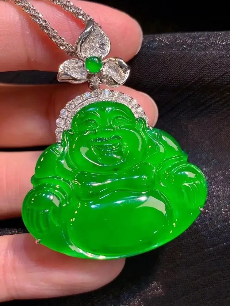 Imperial , Ice-Quality Sun-Green Laughing Jadeite Maitreya Buddha, 18K Gold Inlaid Jade Pendant