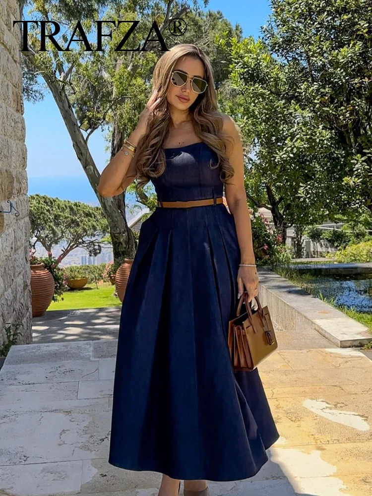 

TRAFZA 2024 Off Shoulder Denim Dress For Women Midi Dresses For Woman Belt Strapless Dress Streetwear Blue Denim Dress Women
