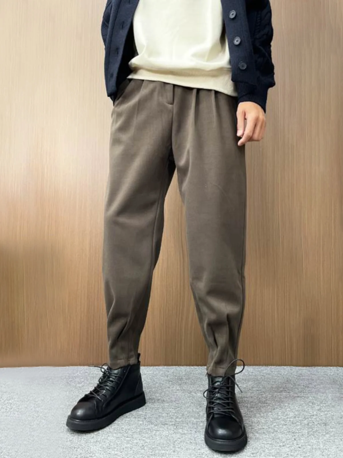 

Мужские осенне-зимние утепленные шерстяные повседневные брюки свободного кроя, подходящие для ношения с ботинками, прямые брюки длиной 7/8