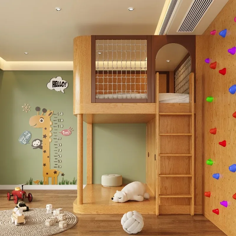 Climbing wall all solid wood multi-functional combination bed, secret base log wind bed and wardrobe