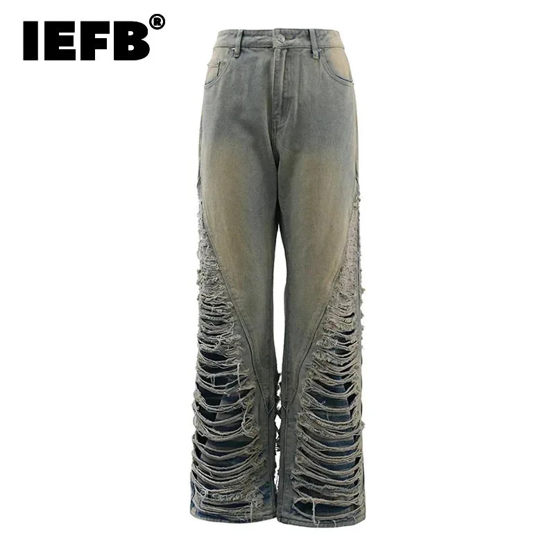 

IEFB New Trendy Men's Denim Pants Broken Holes Washed Worn-out Retro Double Layered Design 2024 Autumn New Fashion Tide CPG1727