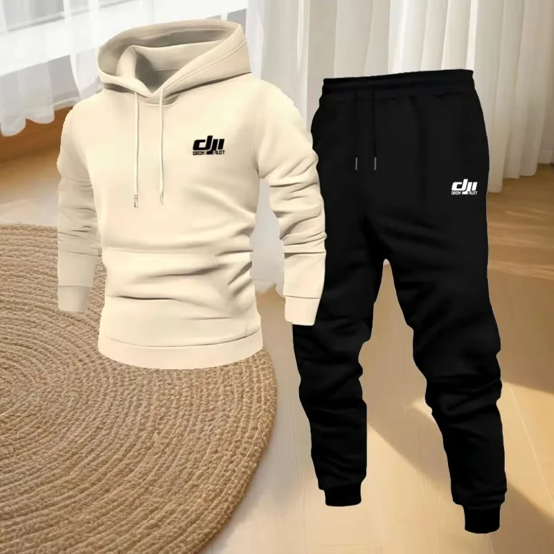 Autumn Winter Men Fleece Tracksuit DJI Graphic Print Hooded Sweatshirt Drawstring Jogger Pants 2pcsSet Casual RunningSports Suit