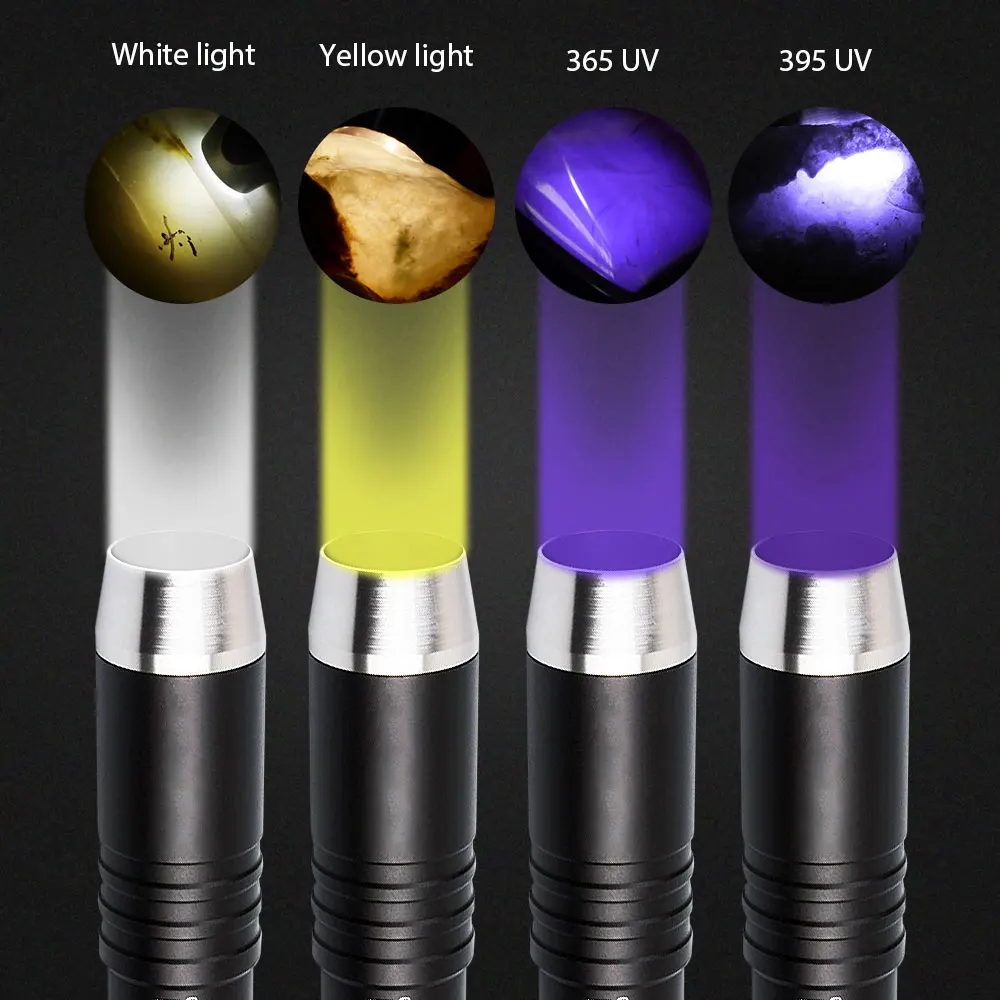 UV LED 손전등, 자외선 365nm, 395nm, UV 화이트 옐로우, 랜턴 옥 쥬얼리, 돈 식별, 애완 동물 얼룩 마커, 3 LED