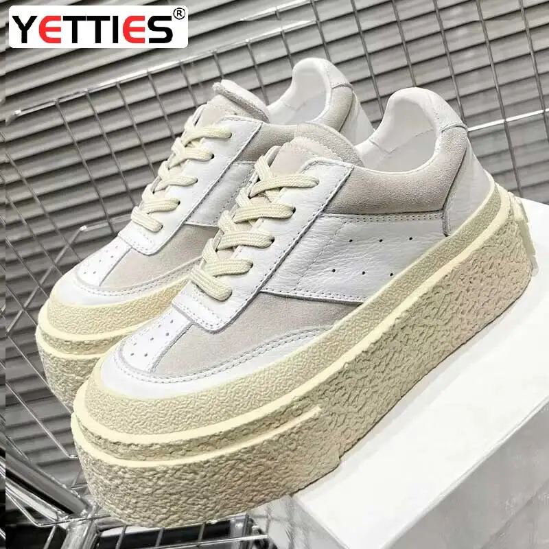 

2024 Spring New Genuine Leather Women's Thick Sole Cake Shoes Fashion Little White Shoes Casual Shoes Elevated Sports Shoes