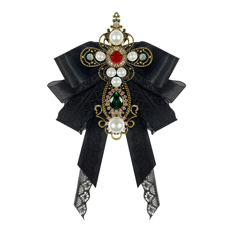 Kadınlar için Retro kumaş dantel yay broşlar kristal inci Corss yaka iğneler gömlek kravat Luxulry takı rozeti aksesuarları