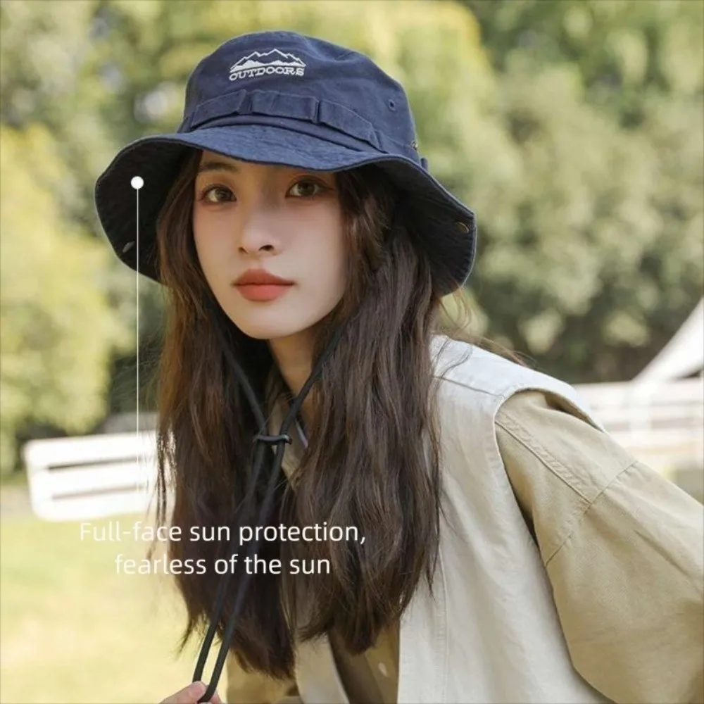 Camping Mountain Climbing Hat Unisex Fashion Mountain Range Embroidery Fisherman Hat Sun Protection Wide Brim Travel Outdoor Cap