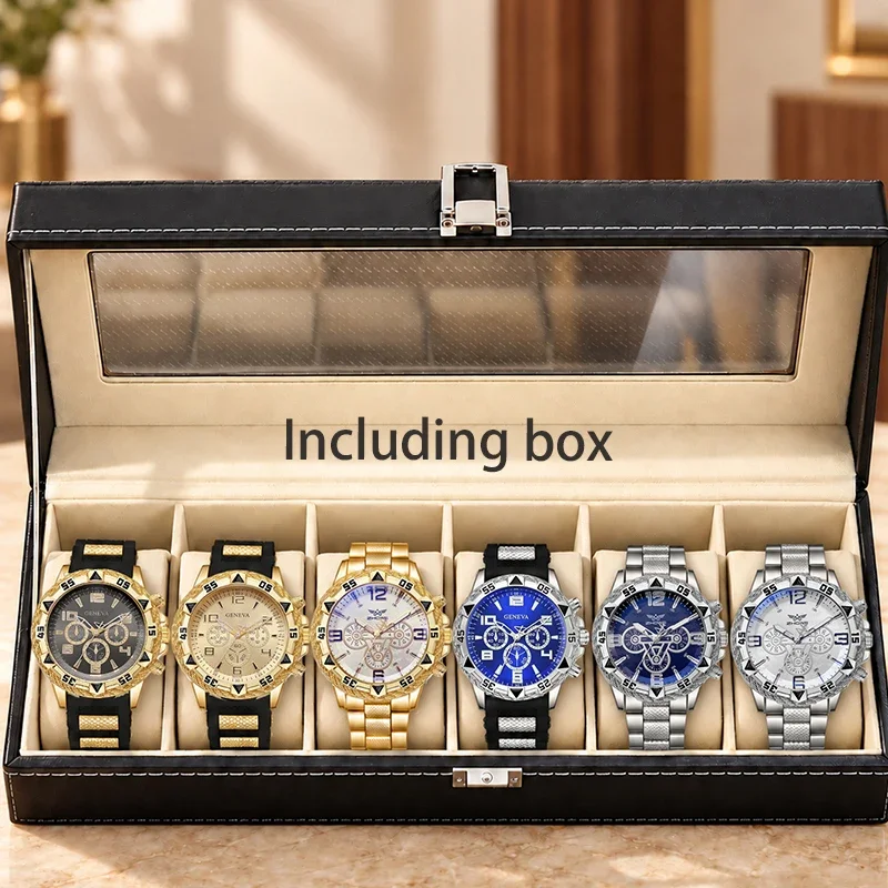 6 in 1 Geneva Mens Watch Set Multi-function Quartz Wristwatches With 6 Slots Leather Watch Storage Box Men Collection Gift