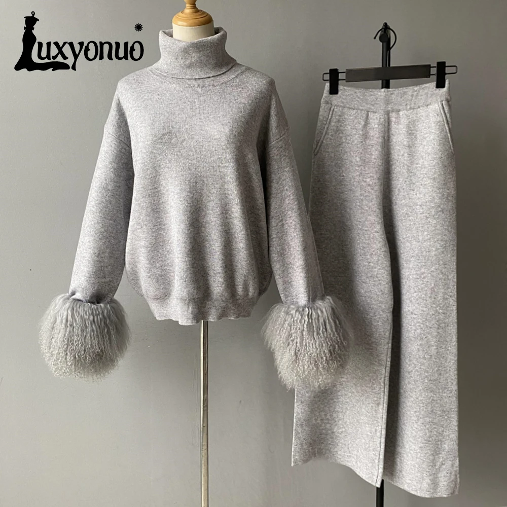 Luxyonuo Women's Sweater Set with Real Mongolian Sheep Fur Cuffs Wool Blend Knit Turtleneck Pullover Knit Pants Sets 2024 Autumn