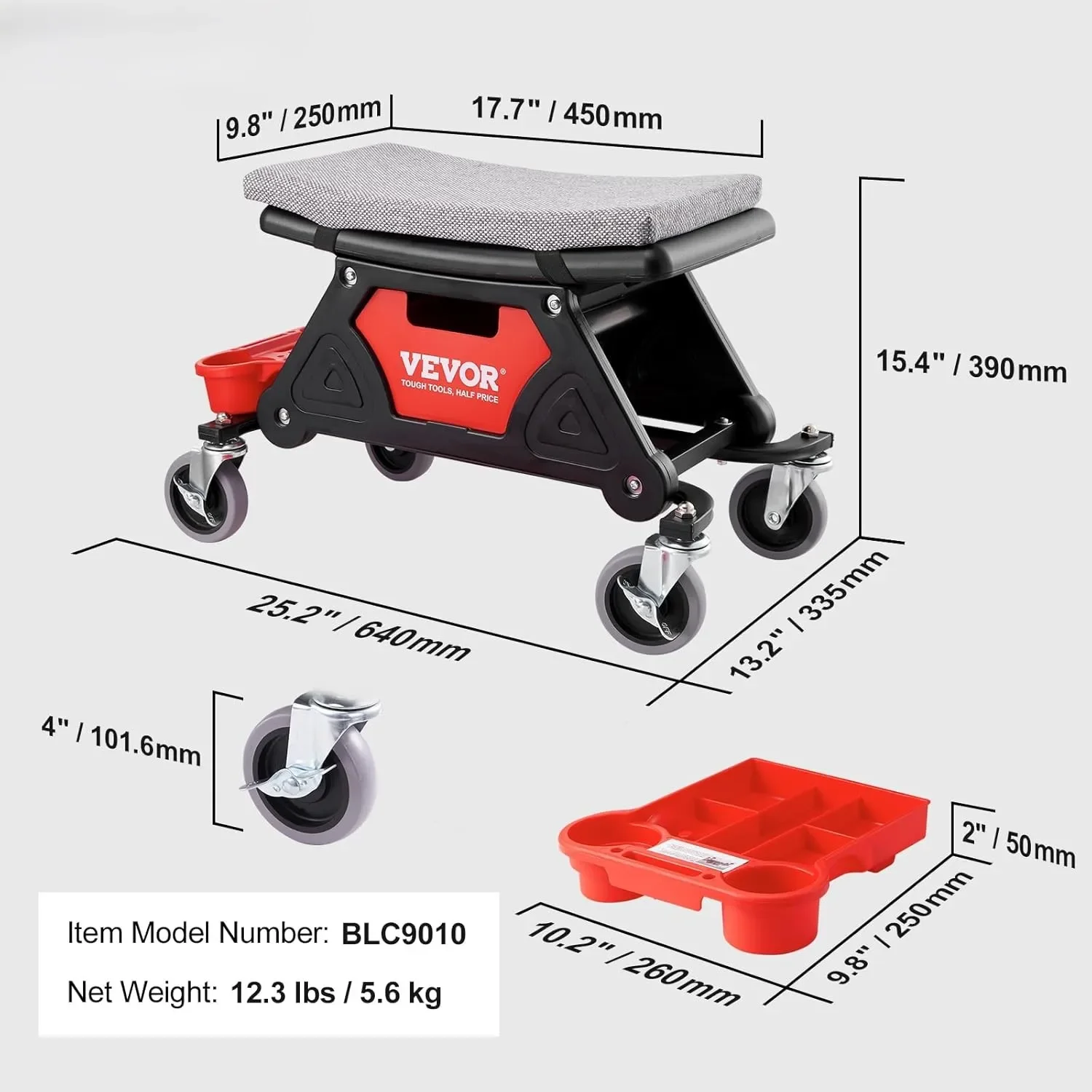 Mechanic Stool 300 LBS Capacity Garage Stool, Heavy Duty Rolling Mechanics Seat, with Three Slide Out Tool Trays and Drawer